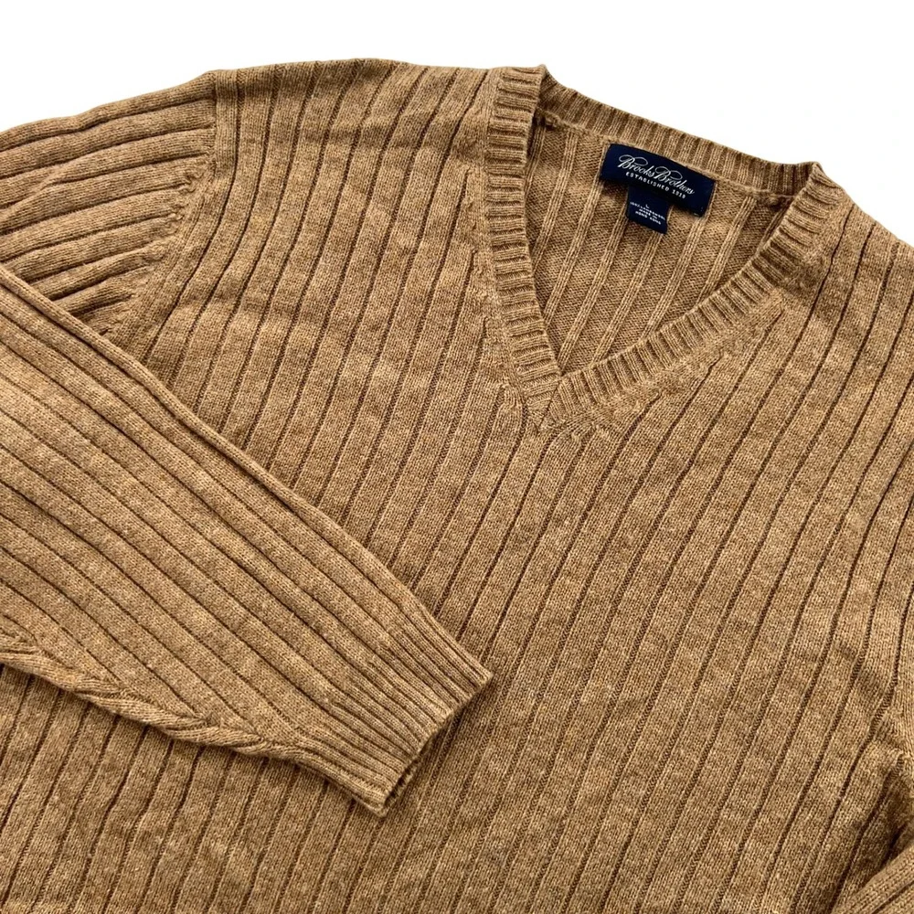 VTG 90s Brooks Brothers V-Neck Sweater Men Large Camel Lambswool Ribbed Knit Ivy